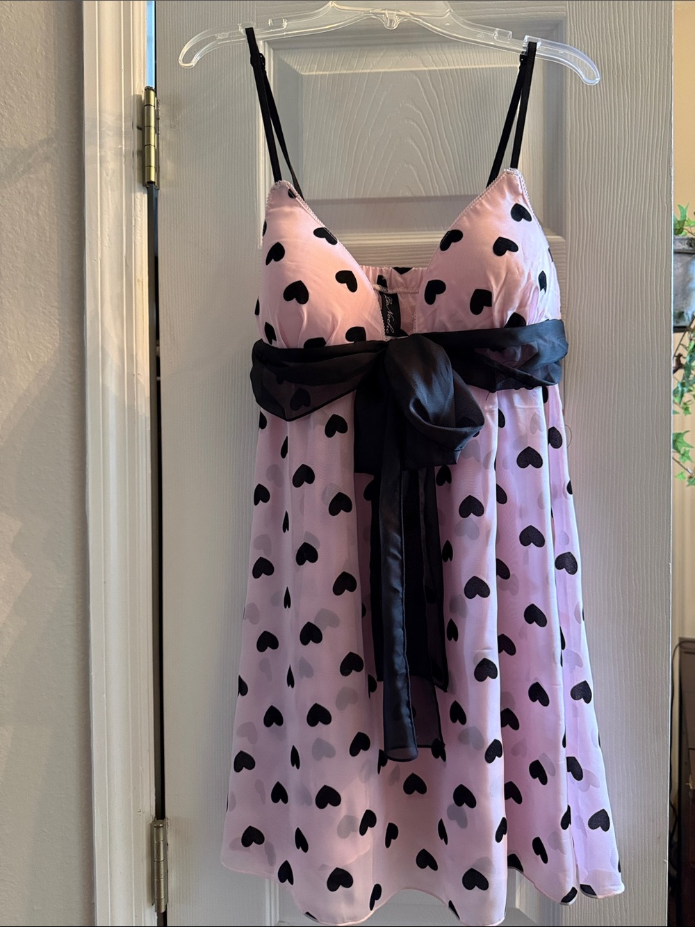 Pink Heart-Print Satin Chemise with Black Sash